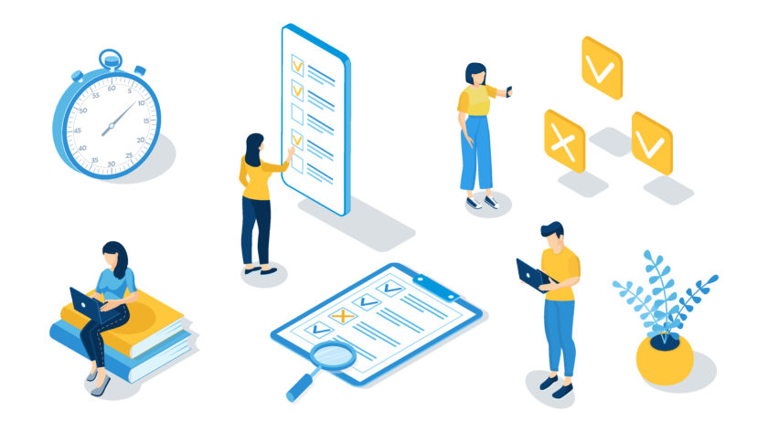 Concept of online exam, online testing, questionnaire form, online education, survey, internet quiz. Isometric vector illustration.